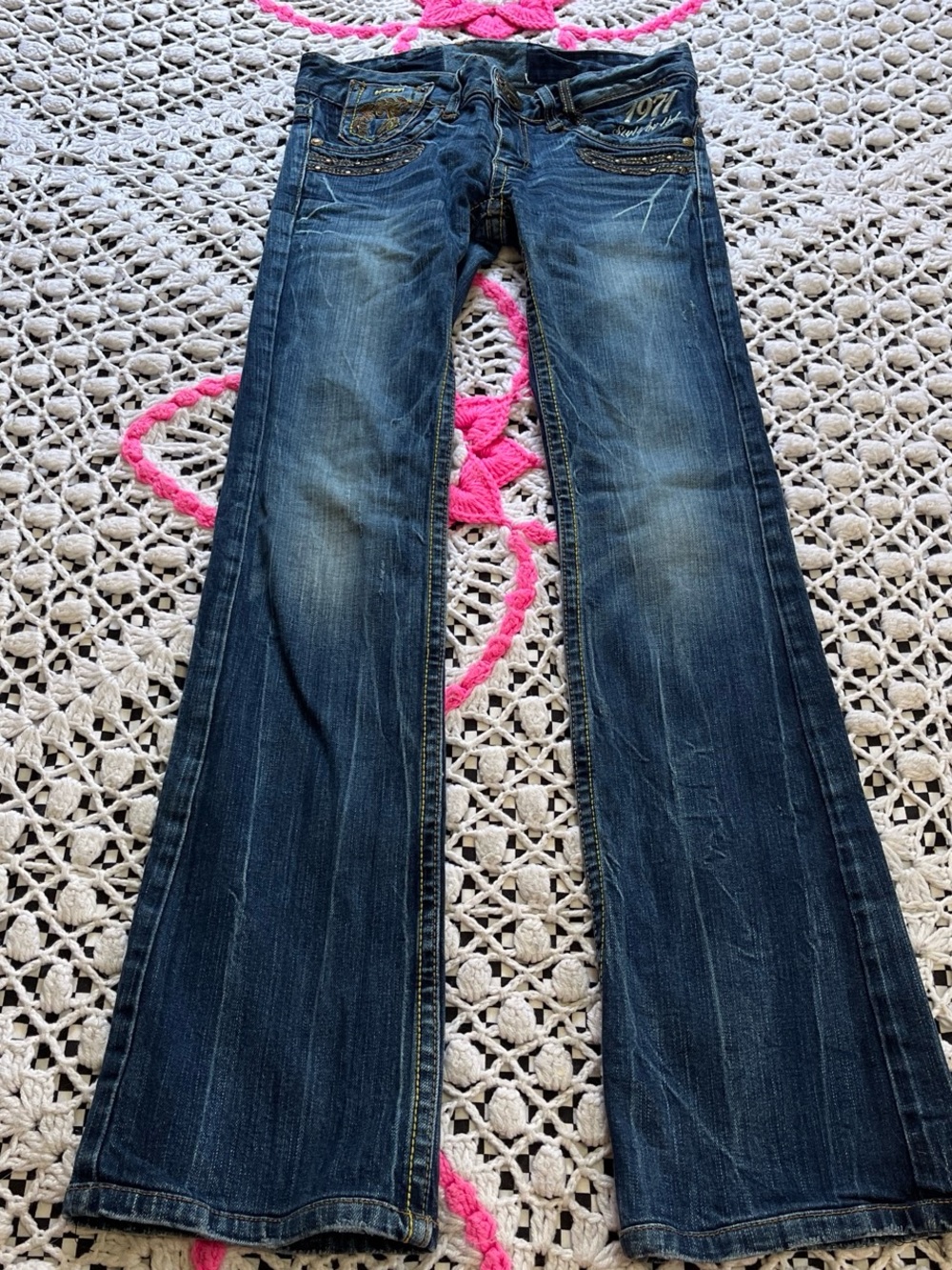 Red Pepper Japanese Denim Embroidered Dark Blue Low Rise Flare Jeans
